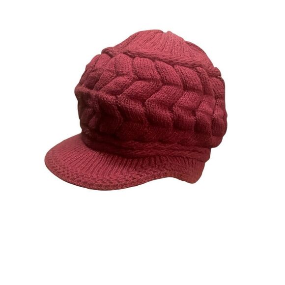 Burgundy Braided Knit Beanie With Visor Brim Warm Winter Hat - Picture 4 of 7